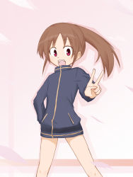Rule 34 | 1girl, bare legs, brown hair, female focus, highres, jacket, long sleeves, naked jacket, red eyes, saki (manga), takakamo shizuno, track jacket