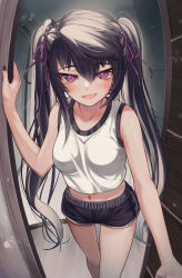 Rule 34 | 1girl, :d, bare arms, black hair, black nails, black shorts, blush, breasts, commentary request, dolphin shorts, fang, hair between eyes, hair ribbon, highres, long hair, looking at viewer, medium breasts, midriff, nail polish, navel, open door, open mouth, original, partial commentary, priite hari (torriet), purple eyes, purple ribbon, revision, ribbon, shirt, short shorts, shorts, sidelocks, sleeveless, sleeveless shirt, smile, solo, standing, torriet, twintails, very long hair, white shirt