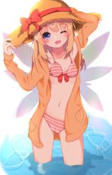 Rule 34 | 1girl, ;d, adjusting clothes, adjusting headwear, arm up, backlighting, bikini, blonde hair, blue eyes, bow, bow bikini, breasts, brown hat, fairy, fairy wings, female focus, hand on headwear, hat, hat bow, highres, iroha (pcrx7327), lily white, long hair, long sleeves, looking at viewer, navel, no pants, one eye closed, open clothes, open mouth, open shirt, pink bikini, red bow, shirt, small breasts, smile, solo, standing, straw hat, striped bikini, striped clothes, sun hat, swimsuit, touhou, wading, water, wings, yellow shirt