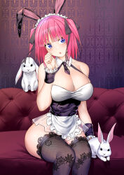 Rule 34 | 1girl, :o, animal, animal ears, apron, black corset, black necktie, black ribbon, black thighhighs, blue eyes, blunt bangs, blush, breasts, cleavage, corset, couch, detached collar, fake animal ears, feet out of frame, fine fabric emphasis, frilled apron, frills, go-toubun no hanayome, hair ribbon, hand up, head tilt, highres, kosmos beta, lace, lace legwear, large breasts, legs together, looking to the side, maid headdress, microskirt, nakano nino, necktie, no panties, paid reward available, parted lips, rabbit, rabbit ears, ribbon, see-through, see-through skirt, short necktie, sitting, skirt, solo, thighhighs, two side up, waist apron, wallpaper (object), white apron, wrist cuffs