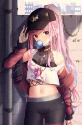 Rule 34 | 1girl, absurdres, baseball cap, bike shorts, black choker, blunt bangs, blowing bubbles, chewing gum, choker, city, crop top, hat, highres, hololive, hololive english, industrial pipe, jacket, kuri (animejpholic), long hair, looking at viewer, mori calliope, mori calliope (streetwear), nail polish, navel, off shoulder, open clothes, open jacket, pink hair, ponytail, red eyes, sleeves past wrists, solo, standing, virtual youtuber, wall
