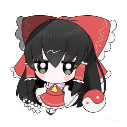 Rule 34 | 1girl, ascot, bare shoulders, black eyes, black hair, blush, bow, brown footwear, chibi, closed mouth, collared dress, commentary request, detached sleeves, dotaku (wran8845), dress, eyes visible through hair, frills, full body, gohei, hair between eyes, hair ornament, hair tubes, hakurei reimu, highres, long hair, long sleeves, looking at viewer, orb, red bow, red dress, shoes, simple background, socks, solo, standing, touhou, very long hair, white background, white socks, wide sleeves, yellow ascot, yin yang, yin yang orb