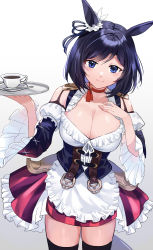 Rule 34 | 1girl, absurdres, akitsuki (oenothera), animal ears, black hair, black thighhighs, blue eyes, bow, breasts, choker, cleavage, closed mouth, coffee cup, commentary request, cup, disposable cup, ear ribbon, eishin flash (umamusume), gradient background, grey background, highres, holding, holding plate, horse ears, horse girl, horse tail, large breasts, looking at viewer, plate, red choker, short hair, smile, solo, spoon, standing, tail, thighhighs, thighs, umamusume, white background