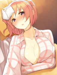 Rule 34 | 1girl, bad id, bad pixiv id, bed, blush, breasts, cleavage, collarbone, large breasts, looking at viewer, lying, mikakunin de shinkoukei, nekoume, on back, open clothes, open mouth, open shirt, pajamas, pink hair, purple eyes, shirt, short hair, sick, solo, sweat, sweatdrop, towel, towel on head, two side up, yonomori kobeni