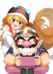 Rule 34 | 1boy, 1girl, absurdly long hair, absurdres, arm rest, bare shoulders, behind another, blonde hair, blue eyes, brown hair, camisole, coat, facial hair, fingernails, goggles, goggles on headwear, grin, hand on another&#039;s head, handheld game console, helmet, highres, holding, holding handheld game console, lab coat, long hair, looking at object, mappuri, mario (series), mona (warioware), mustache, nintendo, nose, off shoulder, open mouth, outstretched arm, pants, playing games, pointing, pointy ears, shirt, short sleeves, simple background, sitting, smile, teeth, v-shaped eyebrows, very long hair, vest, wario, warioware, white background, white coat, wristband