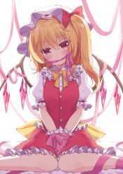 Rule 34 | 1girl, beni kurage, blonde hair, blush, bound, bound wrists, bow, bowtie, cleave gag, cloth gag, commentary request, crystal, feet out of frame, flandre scarlet, frilled shirt collar, frills, gag, gagged, hair between eyes, hat, hat bow, head tilt, highres, improvised gag, long hair, looking at viewer, miniskirt, mob cap, one side up, petticoat, pink eyes, pink ribbon, puffy short sleeves, puffy sleeves, red bow, red skirt, red vest, ribbon, shirt, short sleeves, simple background, sitting, skirt, skirt set, solo, touhou, vest, wariza, white background, white hat, white shirt, wings, yellow bow, yellow bowtie