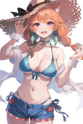 Rule 34 | 1girl, absurdres, animal ear fluff, animal ears, bikini, bikini under clothes, bikini under shorts, blue bikini, blue hair, blue shorts, blush, braid, breasts, cat ears, cleavage, earrings, extra ears, feather earrings, feathers, gradient hair, hat, highres, hololive, hololive english, jacket, jewelry, kujou ichiso, large breasts, long hair, looking at viewer, midriff, multicolored hair, navel, open fly, open mouth, orange hair, purple eyes, short shorts, shorts, smile, straw hat, swimsuit, takanashi kiara, takanashi kiara (casual), teeth, twin braids, unbuttoned, upper teeth only, virtual youtuber, white background, white wrist cuffs, wrist cuffs