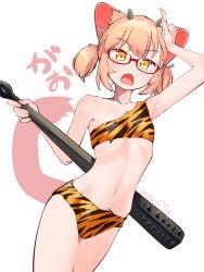 1girl absurdres animal_ears animal_print armpits cat_ears club club_(weapon) collarbone commentary_request dated extra_ears fang glasses hair_ornament highres holding holding_weapon horns indie_virtual_youtuber kanabou kasai_itsuki kasai_itsuki_(artist) looking_at_viewer medium_hair navel oni_costume open_mouth orange_eyes orange_hair red-framed_eyewear setsubun shirt short_twintails simple_background single-shoulder_shirt skin_fang solo sound_effects spiked_club twintails virtual_youtuber weapon white_background