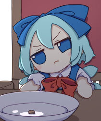 Rule 34 | 1girl, absurdres, blue bow, blue dress, blue eyes, blue hair, blush stickers, bow, chair, cirno, closed mouth, collared shirt, dress, fairy, frown, fumo (doll), hair between eyes, hair bow, highres, ice, ice wings, kame (kamepan44231), pinafore dress, plate, shirt, short hair, short sleeves, simple background, sitting, sleeveless, sleeveless dress, solo, touhou, white background, white shirt, wings