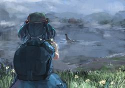 Rule 34 | 1girl, backpack, bag, blue dress, blue hair, blue sky, camera, dress, flower, fog, forest, from behind, grass, hair bobbles, hair ornament, hat, ichiba youichi, kawashiro nitori, loch ness monster, morning, nature, short sleeves, sky, solo, touhou