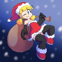 Rule 34 | 1girl, bag, bare shoulders, black gloves, black thighhighs, blonde hair, blue background, blue eyes, blunt bangs, boots, capcom, closed mouth, collarbone, dress, elbow gloves, full body, fupoo, gloves, gradient background, hat, mega man (classic), mega man (series), one eye closed, red dress, roll (mega man), santa hat, short twintails, smile, snowing, solo, strapless, thighhighs, thighs, twintails, wink