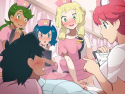 Rule 34 | absurdres, ash ketchum, blonde hair, blue eyes, blue hair, blush, boris (noborhys), breasts, clitoris, clothed sex, creatures (company), cum, cum in pussy, decensored, game freak, girl on top, green eyes, green hair, highres, joy (pokemon), lana (pokemon), large breasts, lillie (pokemon), lying, mallow (pokemon), multiple girls, nintendo, nurse, onlookers, open mouth, penis, pink hair, pokemon, pokemon (anime), pokemon sm, pussy, sex, spread legs, third-party edit, uncensored, vaginal