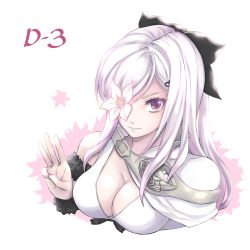 Rule 34 | 1girl, black bow, bow, breasts, cleavage, drag-on dragoon, drag-on dragoon 3, flower, flower over eye, fur trim, hair bow, hair ornament, hairpin, highres, long hair, parted lips, red eyes, ribbon, side cape, simple background, solo, upper body, white background, white hair, wizwit, zero (drag-on dragoon)