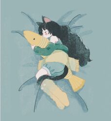 Rule 34 | 1girl, animal-shaped pillow, animal ears, aqua jacket, artist name, bare shoulders, bed sheet, black hair, blue shorts, blush stickers, camisole, cat ears, cat girl, cat tail, closed eyes, fish, from above, full body, green jacket, green shorts, highres, hugging object, jacket, koeda, long hair, long sleeves, lying, off shoulder, on side, original, pillow, pillow hug, profile, scarf, shorts, signature, sleeping, socks, solo, stuffed animal, stuffed toy, tail, yellow socks
