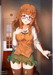 Rule 34 | 1girl, apron, black thighhighs, blush, breasts, cameltoe, collarbone, covered erect nipples, girls und panzer, glasses, gluteal fold, green skirt, highres, impossible clothes, impossible skirt, indoors, large breasts, long hair, looking at viewer, megadeko, microskirt, ooarai school uniform, open mouth, orange eyes, orange hair, pleated skirt, school uniform, serafuku, skirt, smile, solo, takebe saori, thighhighs