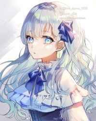 Rule 34 | 1girl, blue bow, blue eyes, blunt bangs, bow, frilled shirt collar, frills, hair bow, highres, light rays, long hair, looking at viewer, open mouth, original, parted lips, samo cha, sidelocks, solo, wavy hair