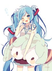 Rule 34 | 1girl, 64hijiki, aqua hair, blue eyes, blush, character pillow, collared shirt, hatsune miku, head tilt, heart, highres, holding, long hair, necktie, one eye closed, open mouth, rubbing eyes, shirt, simple background, sleepy, sleeveless, sleeveless shirt, solid oval eyes, solo, tears, twintails, very long hair, vocaloid, white background, wing collar