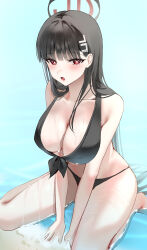 Rule 34 | 1girl, absurdres, bikini, black bikini, black hair, blue archive, breasts, bright pupils, educk, hair ornament, hairclip, halo, highres, kneeling, large breasts, long hair, partially submerged, red eyes, rio (blue archive), solo, swimsuit, very long hair, water, white pupils