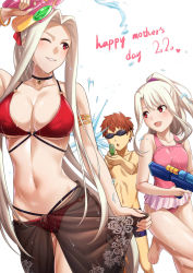 Rule 34 | 1boy, 2girls, armlet, bare shoulders, bikini, blush, breasts, choker, cleavage, collarbone, emiya shirou, fate/stay night, fate/zero, fate (series), forehead, goggles, highres, illyasviel von einzbern, irisviel von einzbern, large breasts, long hair, mother&#039;s day, mother and daughter, multiple girls, navel, one-piece swimsuit, one eye closed, orange hair, parted bangs, pink one-piece swimsuit, ponytail, red bikini, red eyes, sarong, shorts, sidelocks, simple background, smile, swimsuit, thighs, water gun, white background, white hair, zaregoto tsukai no deshi