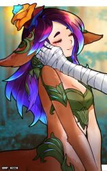 Rule 34 | 1boy, 1girl, animal ears, artist name, bandaged arm, bandaged hand, bandages, blue hair, breasts, cleavage, closed eyes, closed mouth, flower, hair flower, hair ornament, hand on another&#039;s cheek, hand on another&#039;s face, highres, korean commentary, league of legends, lillia (league of legends), long hair, medium breasts, mp 0228, out of frame, outdoors, parted bangs, smile, solo focus, upper body, yone (league of legends)