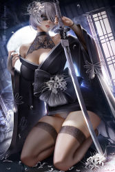 Rule 34 | 1girl, bare shoulders, blue eyes, breasts, bridal gauntlets, cleavage, dutch angle, flower, geta, hair flower, hair ornament, hair over one eye, japanese clothes, katana, kimono, kneeling, large breasts, leotard, leotard under clothes, lips, mole, mole under mouth, nier (series), nier:automata, off shoulder, olchas, short hair, silver hair, solo, sword, thighhighs, veil, weapon, 2b (nier:automata)