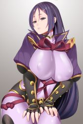 Rule 34 | 1girl, bodysuit, breasts, covered erect nipples, covered navel, fate/grand order, fate (series), fingerless gloves, gloves, highres, large breasts, loincloth, long hair, looking at viewer, low-tied long hair, minamoto no raikou (fate), parted bangs, photoshop (medium), purple bodysuit, purple eyes, purple hair, ribbed sleeves, rope, solo, very long hair, zonda (solid air)