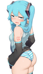 Rule 34 | 1girl, abmayo, arm tattoo, ass, bare shoulders, blush, breasts, detached sleeves, from side, green hair, grey shirt, hair ornament, hatsune miku, highres, long hair, long sleeves, looking at viewer, medium breasts, open mouth, panties, shirt, simple background, sleeveless, sleeveless shirt, solo, striped clothes, striped panties, sweatdrop, tattoo, underwear, vocaloid, wedgie