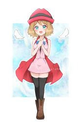 Rule 34 | 1girl, :d, bare arms, black thighhighs, blonde hair, blue eyes, blue ribbon, blush, boots, brown footwear, commentary request, creatures (company), dress, eyelashes, full body, game freak, hands up, happy, hat, highres, looking at viewer, neck ribbon, nintendo, open mouth, own hands together, pink dress, pink hat, pokemon, pokemon (anime), pokemon xy (anime), ribbon, sakura enma, serena (pokemon), short hair, smile, solo, standing, thighhighs