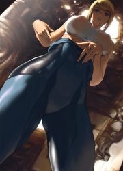 Rule 34 | 1girl, angle, blonde hair, blue bodysuit, blue eyes, bodysuit, commentary, covered erect nipples, english commentary, eyebrows, from below, highres, infi, light, lips, long hair, looking at viewer, looking down, metroid, navel, nintendo, nipples, perspective, ponytail, samus aran, science fiction, see-through, spacecraft, spacecraft interior, sweat, sweatdrop, tank top, undressing, zero suit
