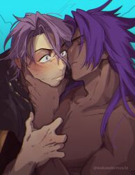 Rule 34 | 2boys, bara, bhima (fate), blush, closed eyes, dark-skinned male, dark skin, duryodhana (fate), facial hair, fate/grand order, fate (series), from side, goatee stubble, hand on another&#039;s arm, head grab, imminent kiss, long hair, male focus, multiple boys, muscular, muscular male, nervous, nervous sweating, no nipples, pectorals, purple eyes, purple hair, short hair, simple background, stubble, surprised, sweat, upper body, v-shaped eyebrows, wakuwakumuscle, wide-eyed, yaoi