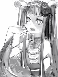Rule 34 | 1girl, :d, bad id, bad pixiv id, bare shoulders, covering own mouth, dress, fingernails, flat chest, greyscale, hair ornament, hair stick, hand over own mouth, heterochromia, highres, hololive, hololive indonesia, kureiji ollie, long hair, looking at viewer, monochrome, nail polish, nanashi (nlo), official alternate costume, ojou-sama pose, open mouth, patchwork skin, simple background, smile, solo, stitched face, stitches, upper body, virtual youtuber, wedding dress, white background