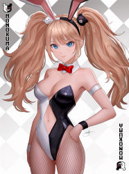 Rule 34 | 1girl, absurdres, aendi en d endei, animal ears, bare shoulders, bear hair ornament, blue eyes, bow, bowtie, breasts, character name, cleavage, commentary request, danganronpa: trigger happy havoc, danganronpa (series), detached collar, enoshima junko, fake animal ears, fishnet pantyhose, fishnets, grey background, hair ornament, highres, large breasts, leotard, light brown hair, long hair, navel, official alternate costume, pantyhose, red bow, red bowtie, signature, skindentation, solo, twintails, white background, wrist cuffs