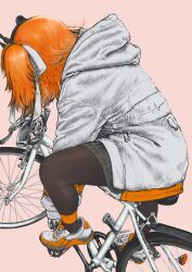 Rule 34 | 1girl, a.i. voice, absurdres, adachi rei, bicycle, brown pantyhose, commentary, facing away, from side, full body, gloves, hair ribbon, highres, hood, hood down, hooded jacket, jacket, kamefuku, leaning forward, long sleeves, medium hair, one side up, orange hair, pantyhose, pink background, ribbon, riding, riding bicycle, shoes, simple background, sneakers, solo, standing, standing on one leg, utau, white gloves, white jacket, white ribbon