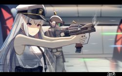 Rule 34 | 1boy, 1girl, absurdres, azur lane, bare arms, bare shoulders, belt, belt pouch, black neckwear, breasts, clenched teeth, commentary, commission, crossover, dot nose, energy gun, english commentary, enterprise (azur lane), finger on trigger, firing, from side, frown, gar32, grey hair, gun, halo: combat evolved, halo (series), hat, highres, holding, holding gun, holding weapon, large breasts, letterboxed, long hair, necktie, peaked cap, pouch, purple eyes, shaded face, signature, solo focus, teeth, v-shaped eyebrows, weapon