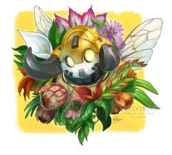 Rule 34 | 1girl, artist name, endivinity, flower, horns, hunters orisa, insect wings, leaf, official alternate costume, orisa (overwatch), overwatch, overwatch 1, overwatch league, robot, solo, white background, wings, yellow eyes