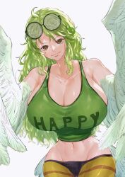 Rule 34 | 1girl, absurdres, breasts, coke-bottle glasses, collarbone, glasses, green hair, harpy, highres, large breasts, midriff, monet (one piece), monster girl, one piece, sc scandium, solo, tank top