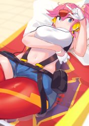 Rule 34 | 1girl, aina ardebit, breasts, highres, large breasts, midriff, promare, short shorts, shorts, solo, sunglasses, sunglasses on head, thighhighs