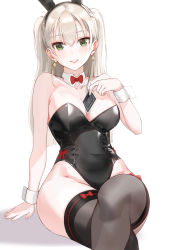 Rule 34 | 1girl, animal ears, bare shoulders, black leotard, blush, breasts, cleavage, detached collar, fake animal ears, green eyes, highleg, highleg leotard, highres, kfr, large breasts, leotard, long hair, looking at viewer, original, playboy bunny, rabbit ears, silver hair, simple background, smile, solo, strapless, strapless leotard, thighhighs, thighs, white background, wrist cuffs