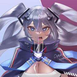 Rule 34 | 1girl, annoyed, aragiken, arc reactor, azur lane, blue cape, blue cloak, blue eyes, breasts, cape, cleavage, cloak, commission, dress, grey hair, hair between eyes, hair ornament, highres, intrepid (azur lane), large breasts, lightning, looking at viewer, mole, mole on breast, sidelocks, simple background, smile, split theme, strap, two-tone background, two side up, upper body, white dress, zipper