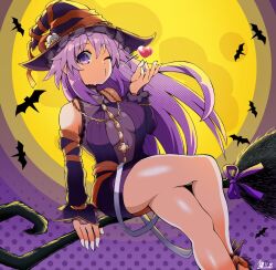 Rule 34 | 1girl, adult neptune, arm support, artist name, bat (animal), blowing kiss, breasts, cleavage, crossed legs, halloween, hat, heart, large breasts, legs, looking at viewer, neptune (series), one eye closed, purple eyes, purple hair, see-through, solo, thighs, wink, witch hat