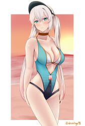 Rule 34 | 1girl, absurdres, arcadeshoujo, blue eyes, breasts, cleavage, cowboy shot, girls&#039; frontline, girls&#039; frontline neural cloud, highres, lam (holiday angler) (neural cloud), lam (neural cloud), lwmmg (girls&#039; frontline), multicolored hair, official alternate costume, one-piece swimsuit, plunging neckline, solo, standing, swimsuit, visor cap