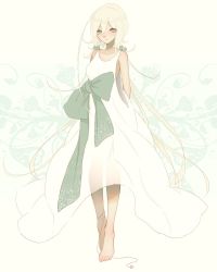 Rule 34 | 1girl, barefoot, bow, closed mouth, collarbone, dress, closed eyes, itsuki dorothy, long hair, looking at viewer, nier, nier (series), see-through, smile, solo, waist bow, white dress, white hair, yonah