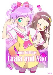 Rule 34 | 2girls, ;d, ahoge, aqua eyes, birthday connection, blush, bow, brown eyes, brown hair, character name, collared shirt, commentary request, cropped legs, double bun, dress, ehime nao, hair bow, hair bun, hairband, hand on own hip, hand up, happy birthday, leaning to the side, long hair, looking at viewer, manaka laala, moudoku (decopon3rd), multiple girls, neckerchief, one eye closed, open mouth, paprika private academy school uniform, pink bow, pink neckerchief, pretty series, pripara, priticket, purple hair, sailor collar, school uniform, shirt, short dress, short hair, short sleeves, smile, sparkle, standing, v over eye, white sailor collar, white shirt, yellow dress