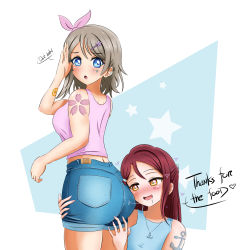 Rule 34 | 2girls, absurdres, anchor necklace, anchor tattoo, ass, bare shoulders, blue eyes, blue hair, breasts, danzfloor, denim, denim shorts, drooling, from behind, hair ornament, hair ribbon, hairclip, highres, huge ass, jewelry, long hair, looking at ass, looking back, looking down, love live!, love live! sunshine!!, multiple girls, necklace, open mouth, orange eyes, ribbon, sakurauchi riko, saliva, saliva trail, shiny clothes, shiny skin, short hair, short shorts, shorts, sideboob, smile, tattoo, watanabe you