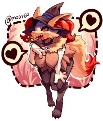 Rule 34 | 1girl, animal ear fluff, animal ears, animal feet, animal nose, artist name, black fur, black hat, blush, body fur, braixen, breasts, claws, clothed pokemon, collar, collarbone, creatures (company), drooling, ears through headwear, female focus, fox ears, fox girl, fox tail, furry, furry female, game freak, gen 6 pokemon, half-closed eyes, hand on own chest, hand on own thigh, hand up, happy, hat, heart, highres, holding, holding stick, leaning forward, light blush, looking at viewer, medium breasts, mogy64, neck fur, nintendo, open mouth, outline, pokemon, pokemon (creature), red eyes, saliva, sharp teeth, signature, smile, snout, solo, speech bubble, spoken heart, stick, tail, teeth, tongue, transparent background, twitter username, white fur, white outline, witch, witch hat, yellow fur