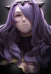 Rule 34 | 1girl, armor, black armor, breasts, camilla (fire emblem), cleavage, closed mouth, fire emblem, fire emblem fates, gloves, hair over one eye, highres, kazuko (towa), large breasts, lips, long hair, looking at viewer, nintendo, purple eyes, purple hair, simple background, smile, solo, tiara, upper body, very long hair, wavy hair