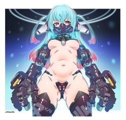 Rule 34 | 1girl, blue hair, breasts, gluteal fold, hair between eyes, highres, long hair, looking at viewer, maebari, mask, mechanical arms, mudou eichi, navel, original, purple eyes, revealing clothes, solo, thighhighs
