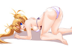 Rule 34 | 1girl, ;d, all fours, ass, bare arms, bare legs, barefoot, bikini, blonde hair, blue eyes, blue ribbon, blush, bradamante (fate), braid, breasts, cameltoe, engo (aquawatery), fate/grand order, fate (series), floating hair, large breasts, long hair, looking at viewer, one eye closed, open mouth, ribbon, shoulder blades, sideboob, smile, soles, solo, swimsuit, top-down bottom-up, twintails, very long hair, white bikini