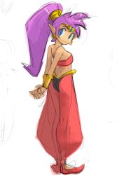 Rule 34 | 1girl, absurdres, arabian clothes, arms behind back, ass, back, bare arms, bare shoulders, blue eyes, bracelet, bracer, breasts, closed mouth, dark-skinned female, dark skin, earrings, female focus, filthypaladin, full body, harem outfit, harem pants, highres, hoop earrings, jewelry, long hair, looking at viewer, looking back, medium breasts, neck, own hands together, pants, pointy ears, pointy footwear, ponytail, purple hair, red footwear, red pants, red tube top, see-through, shantae, shantae (series), shoes, sideboob, smile, solo, standing, strapless, tiara, tube top, v arms