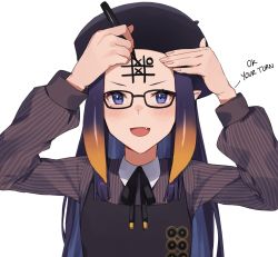 Rule 34 | 1girl, beret, blue eyes, blush, body writing, drawing on own face, english text, fang, forehead, glasses, hat, highres, hololive, hololive english, kamu (kamuuei), long hair, long sleeves, looking at viewer, marker, mole, mole under eye, ninomae ina&#039;nis, ninomae ina&#039;nis (casual), official alternate costume, open mouth, pointy ears, purple hair, simple background, solo, tentacle hair, tic-tac-toe, upper body, virtual youtuber, white background, writing on face